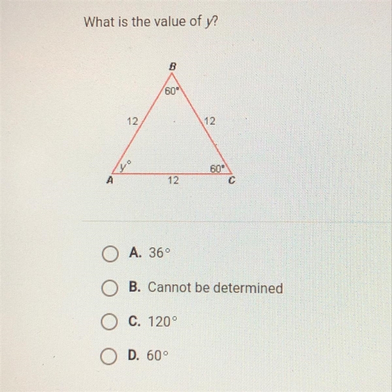 What is the value of y? A. 36° B. Cannot be determined C. 120° D. 60°-example-1