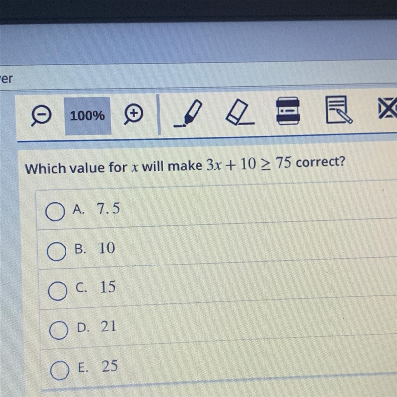 Which value for r will make 3x + 10 > 75 correct?-example-1