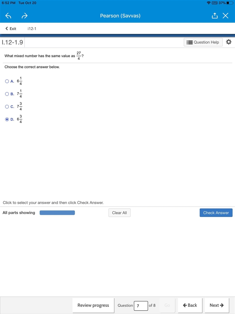 What mixed number has the same value as 27/4?-example-1