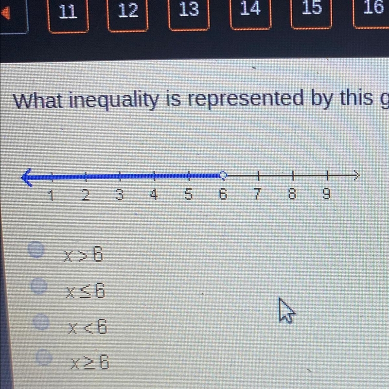 What inequality is represented by this graph. A. X>6 b.x<_6 c. X<6 D. X&gt-example-1