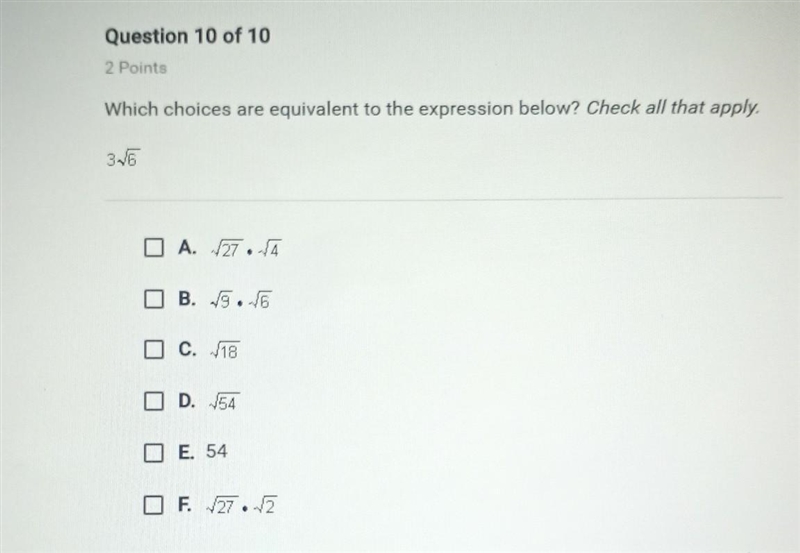 Which choices are equivalent to the expression below? Check all that apply. 3√6​-example-1