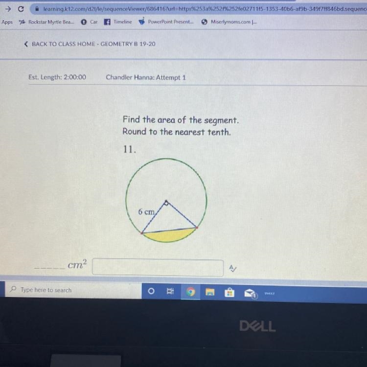 Find the area of the segment. Round to the nearest tenth.-example-1