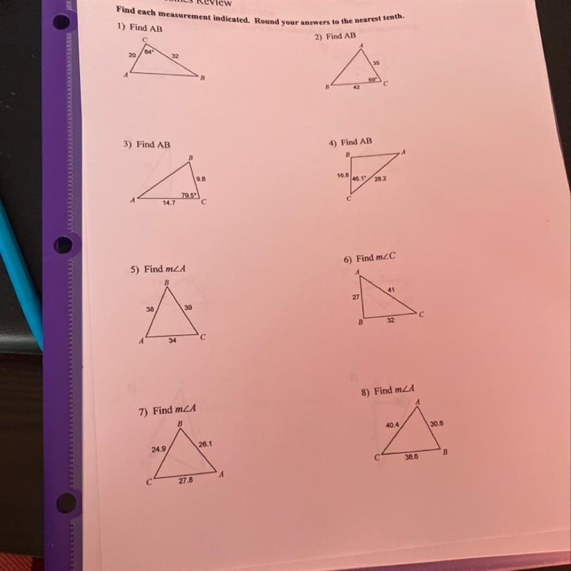 Can someone help me on this Law of Cosines Review worksheet?-example-1