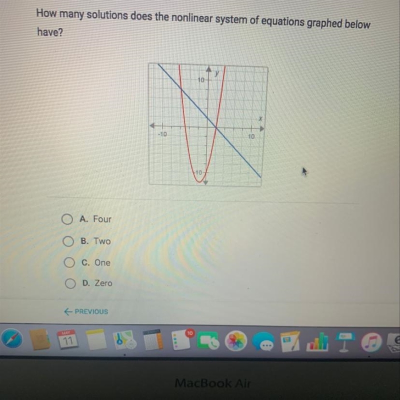 How many solutions does the nonlinear system of equations graphed below have?-example-1