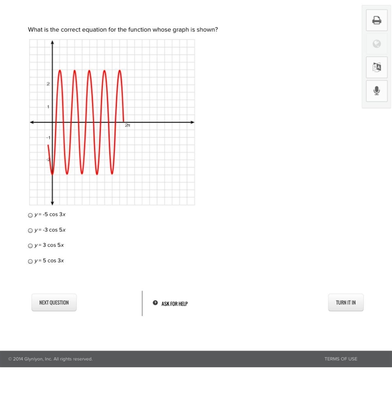 What is the correct equation for the function whose graph is shown? y = -5 cos 3x-example-1