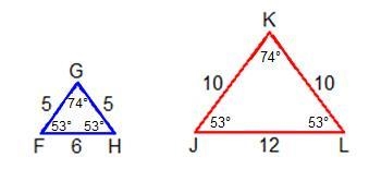 20 pts. Which statement is true of triangles FGH and JKL? Triangle F G H. Side F G-example-1