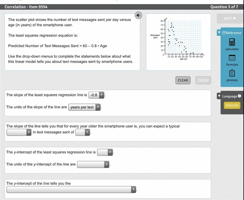 The scatter plot shows the number of text messages sent per day versus age (in years-example-1