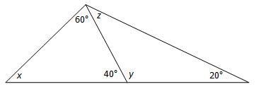 10. Find the values of the angles x, y, and z. Possible Answers are: A: x = 80°; y-example-1