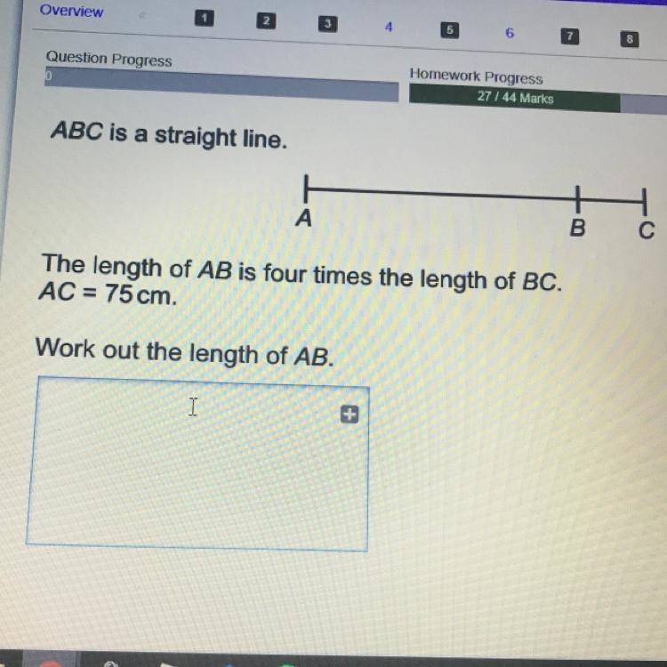 ABC is a straight line. The length of AB is four times the length of BC. AC = 75 cm-example-1