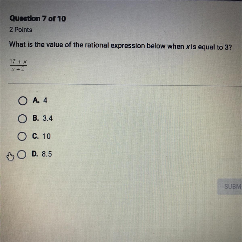 What is the value of the rational expression below when xis equal to 3? 17 + x/x+2 A-example-1