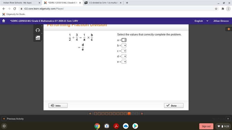 1/2 divided by 3/4= 1/a multiplied by b/c = d/e-example-1