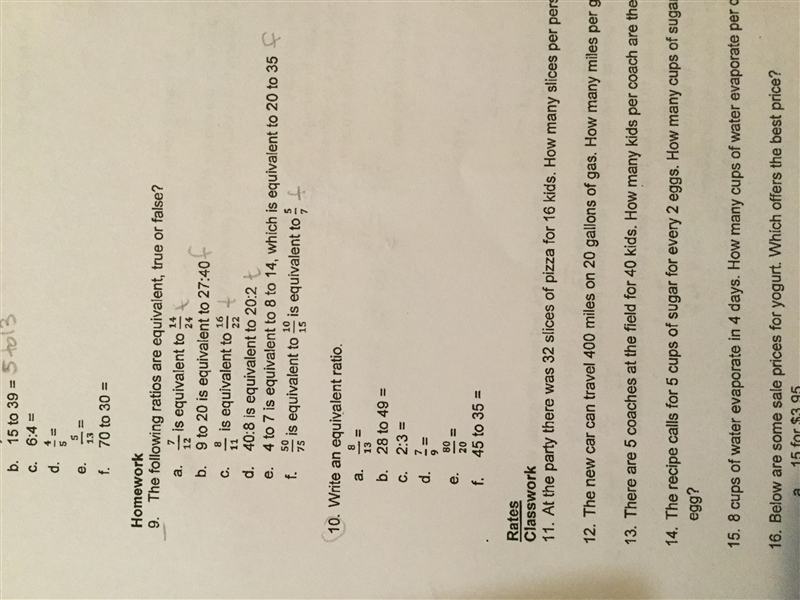 Ratios 9-10 ( 10 pts ! ) tell me which are t or f on #9 a-f , and give me an equivalent-example-1