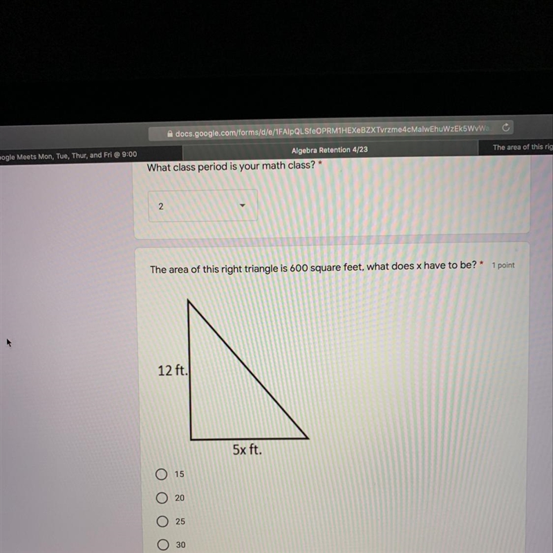 The area of this right triangle is 600 square feet, what does x have to be? * 1 point-example-1