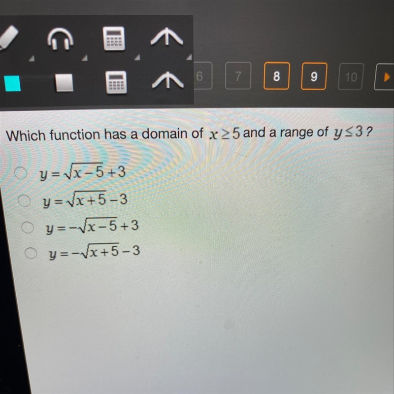 Which function has a domain of x 25 and a range of y s3? g= x-5+3 9 = x+5 -3 y=-x-example-1