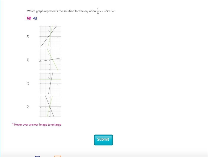 Which graph represents the solution for the equation 1/6 x = -2x + 5?-example-1