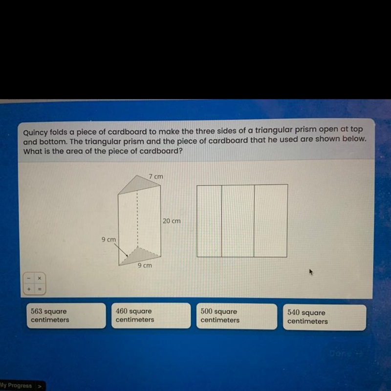 Quincy folds a piece of cardboard to make the three sides of a triangular prism open-example-1