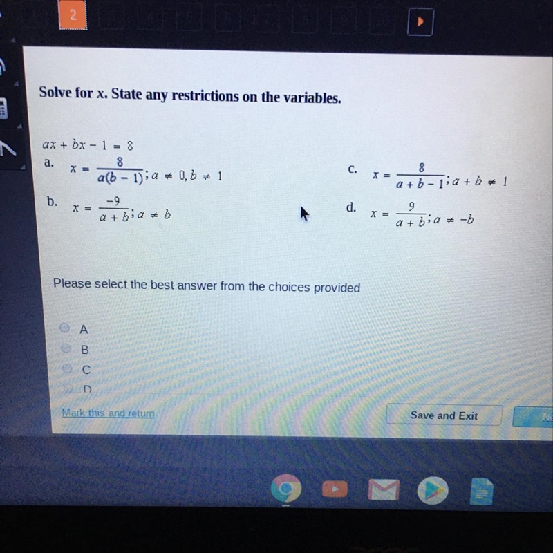 Solve for x. State any restrictions on the variables. ax + bx - 1 = 8-example-1