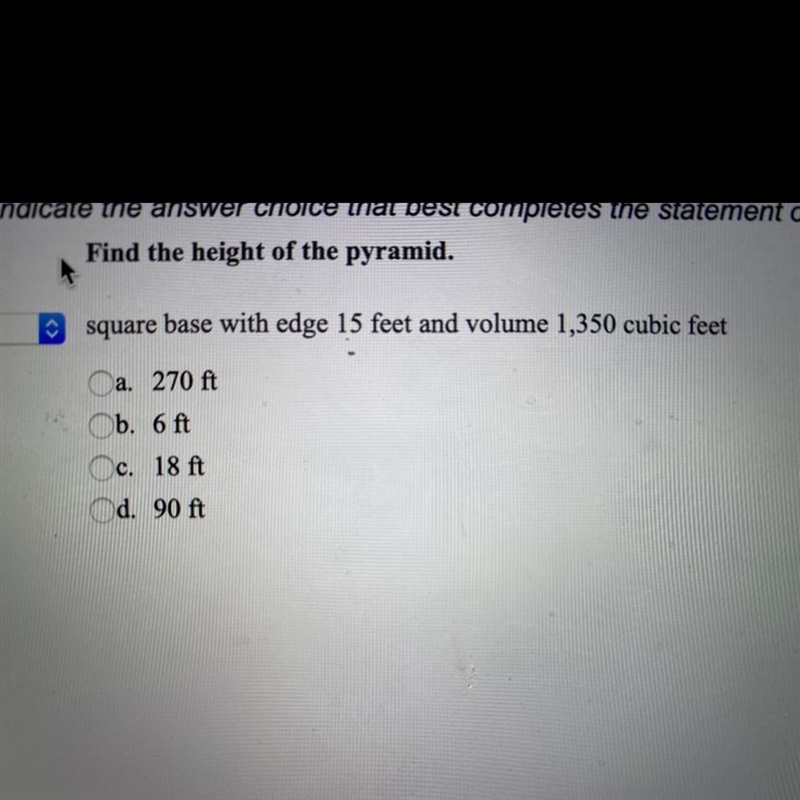 Find the height of the pyramid. square base with edge 15 feet and volume 1,350-example-1