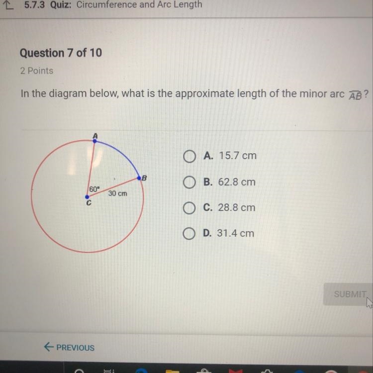 In the diagram below, what is the approximate length of the minor arc AB?-example-1