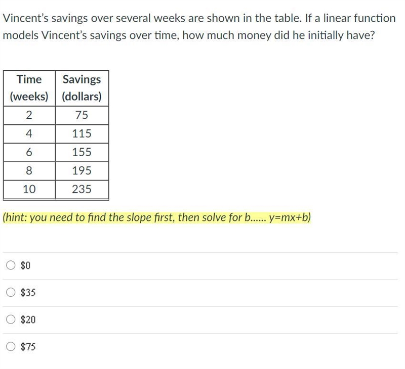 Vincent’s savings over several weeks are shown in the table. If a linear function-example-1