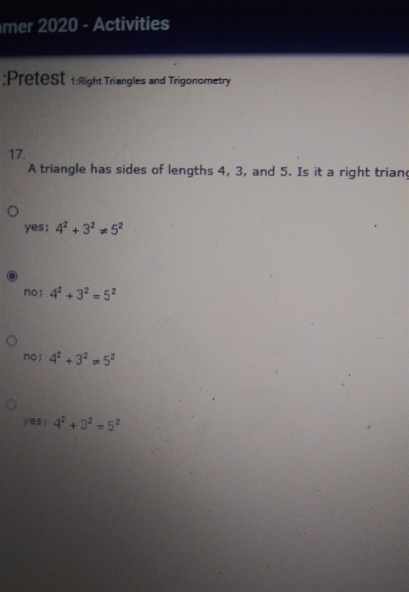 A triangle has sides of lengths 4, 3, and 5. Is it a right triangle Explain.​-example-1