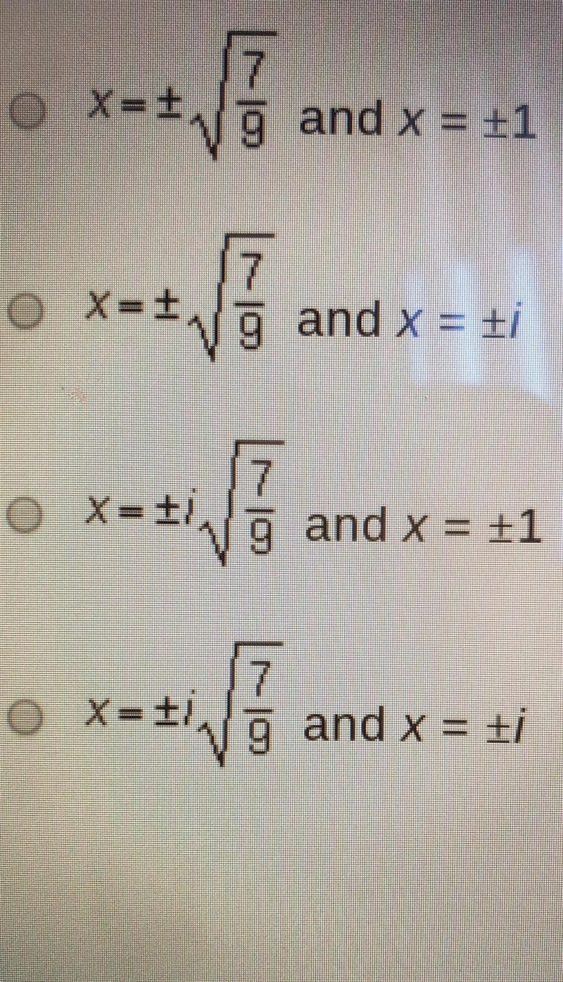 What are the solutions of the equation 9x^4-2x^2-7=0? Use u substitution to solve-example-1