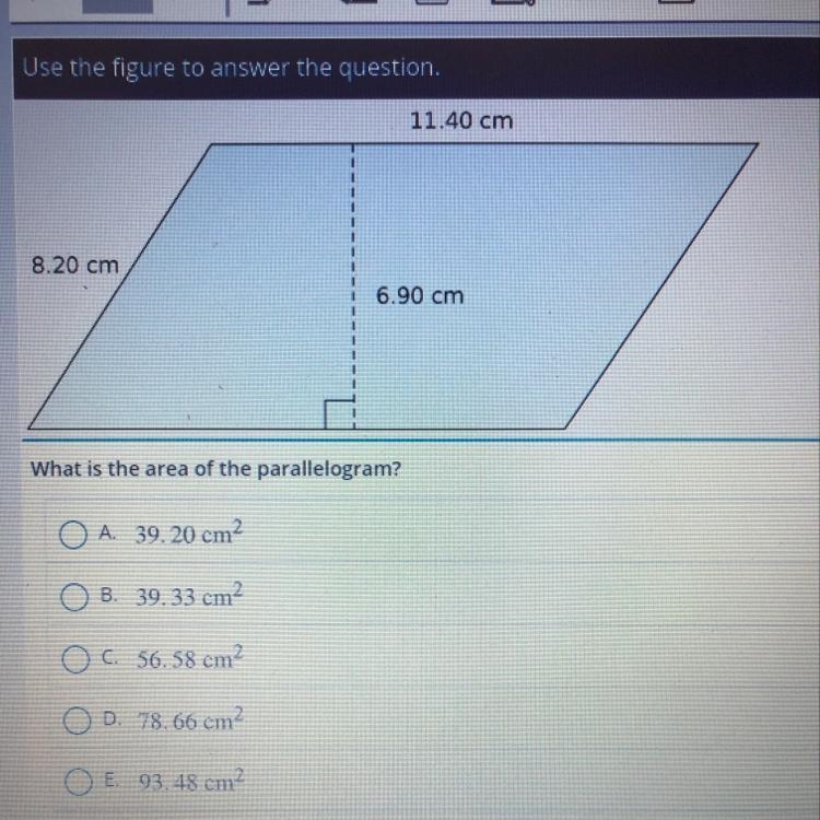 What is the area of the parallelogram? A. 39. 20 cm2 B. 39.33 cm? c. 56.58 cm2 D. 78.66 cm-example-1