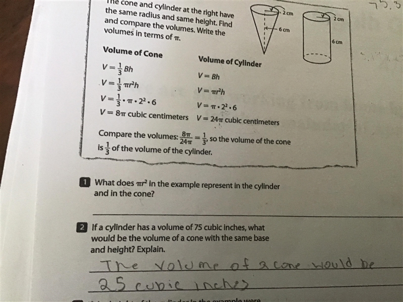 What does πr2 in the example represent in the cylinder and the cone?-example-1