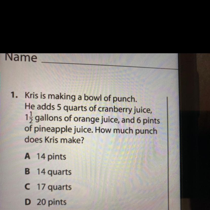 Chris is making a bowl of punch he has 5 quarts of cranberry juice one and a half-example-1