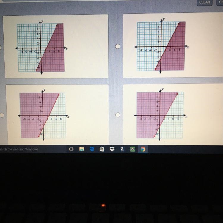 Choose the graph that best models the inequality y>2x-5-example-1