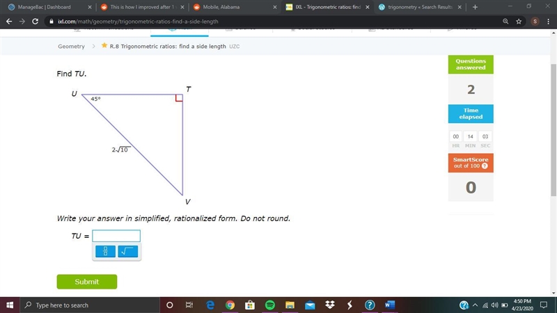 IXL Help: R.8 Trigonometric ratios: find a side length Can someone help me complete-example-1