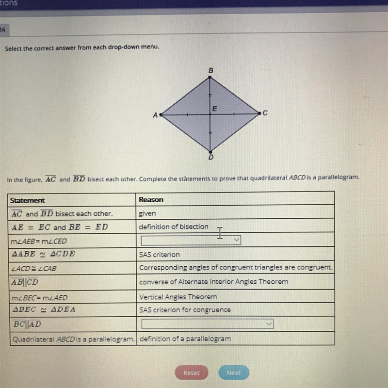 In the figure, AC and BD bisect each other. Complete the statements to prove that-example-1