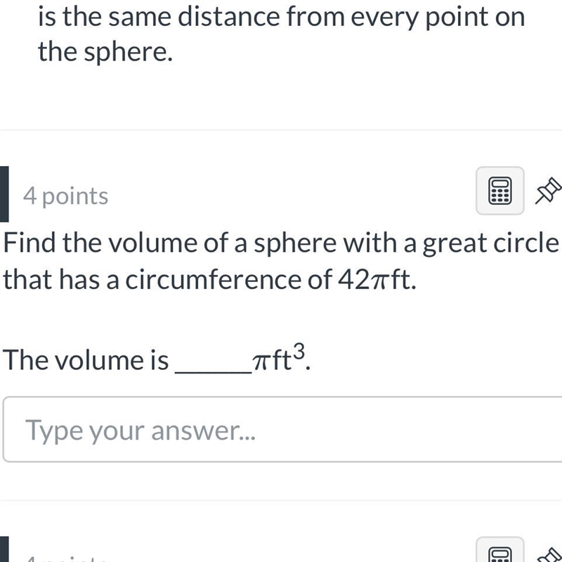 Find the volume of a sphere with a great circle that has a circumference of 42 πft-example-1