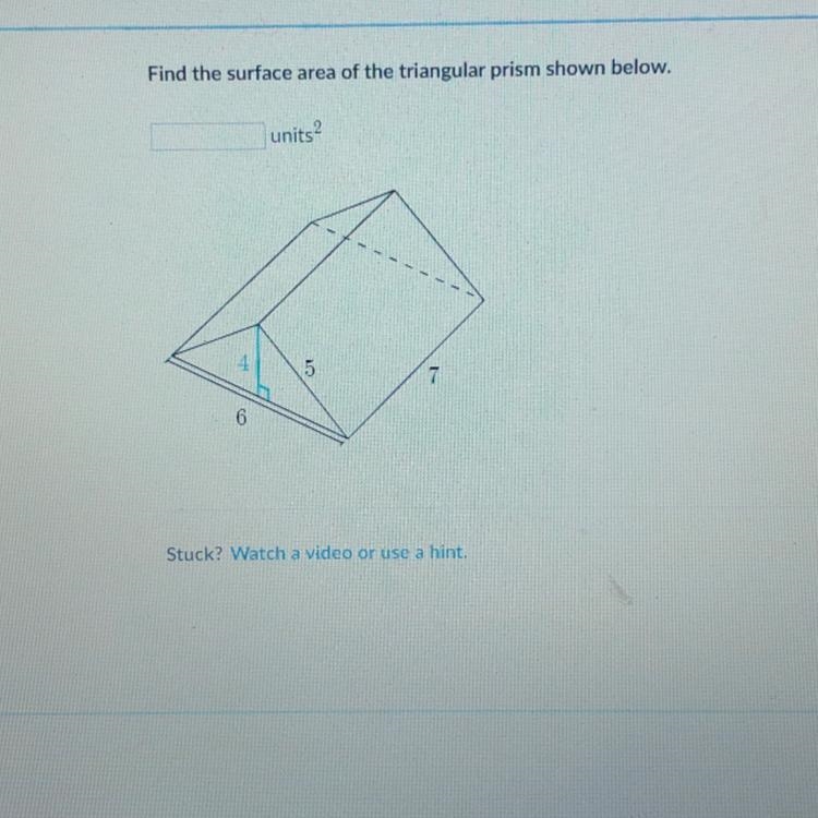 Find the surface area of the triangular prism shown below. units-example-1