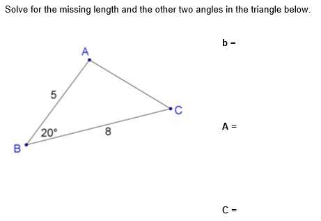 Solve for the missing length and the other two angles in the triangle below-example-1