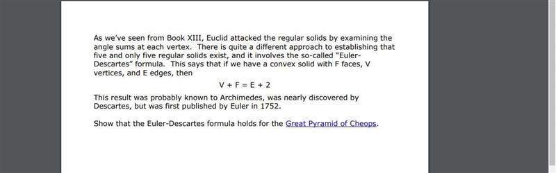 Show the Euler-Descartes formula holds for the Great Pyramid of Cheops-example-1