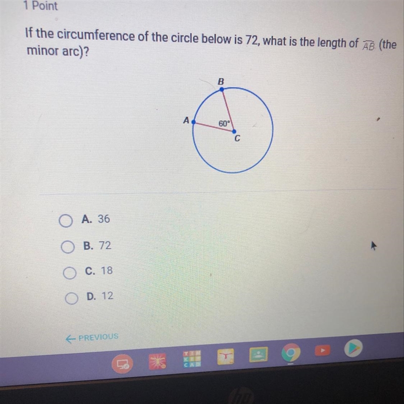 If the circumference of a circle is below 72 what is the length of AB￼-example-1