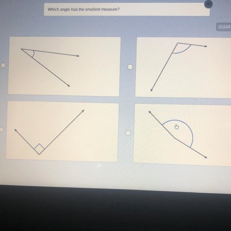 Which angle has the smallest measure?-example-1