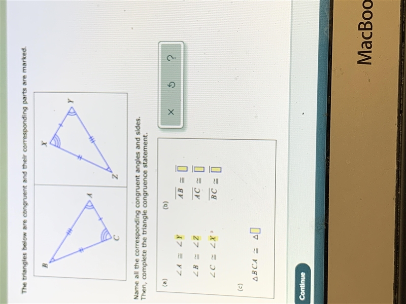 the triangles below are congruent and their corresponding parts are marked. name all-example-1