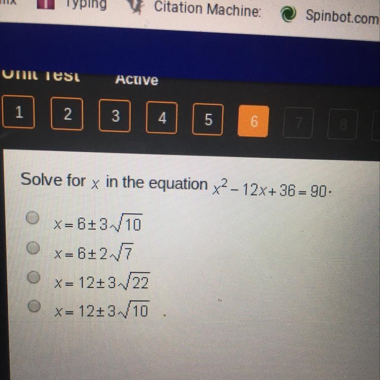 Solve for x in the equation x^2 - 12x+ 36= 90. x= 6+3sqr rt10 x=6+2sqr rt7 x= 12+3sqr-example-1