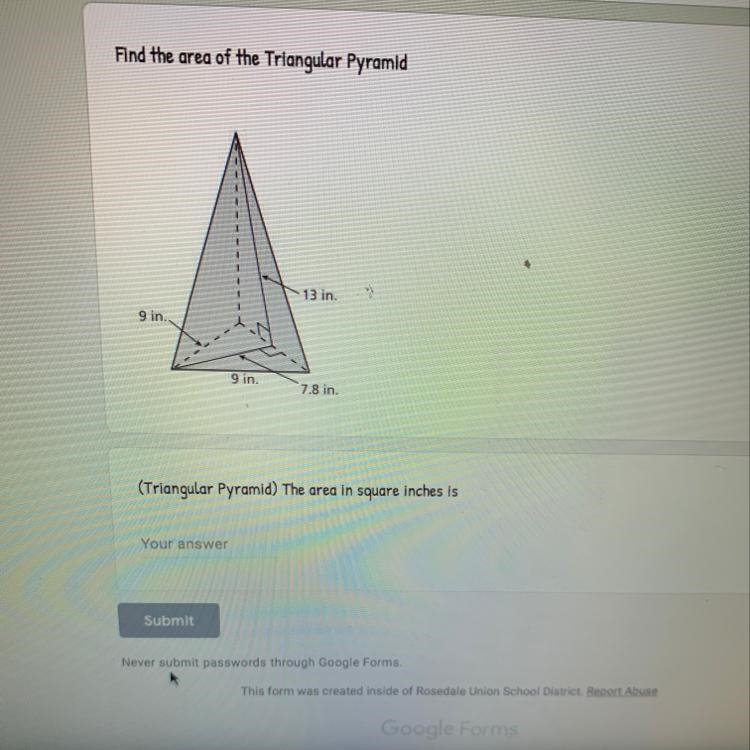 Find the area of the triangular pyramid, then put the area in square inches-example-1