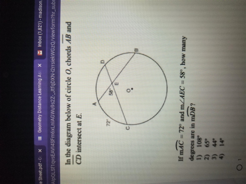 In the diagram below of circle O, chords ab and cd intersect at E. If measure of arc-example-1