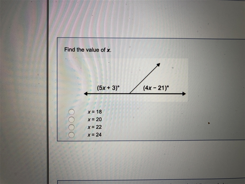 Find the value of x.(5x+3) (4x-21)-example-1