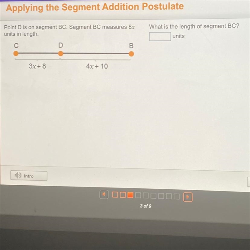 Point D is on segment BC, Segment BC measures Bx units in length What is the length-example-1