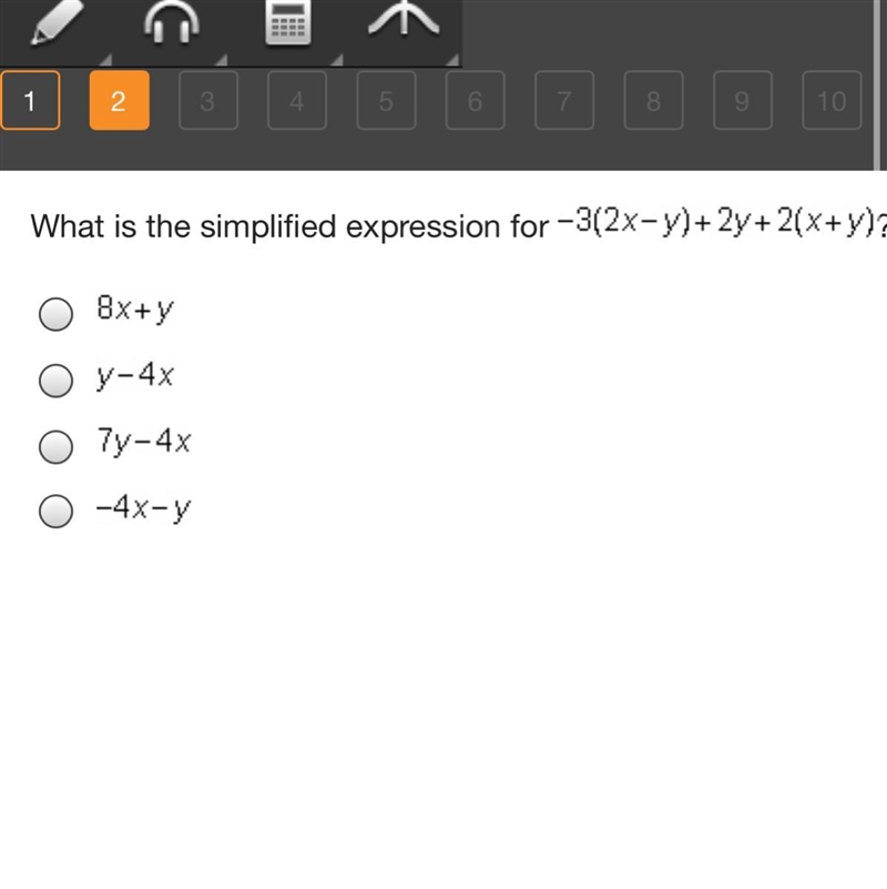 What is the simplified expression for Negative 3 (2 x minus y) + 2 y + 2 (x + y)? 8 x-example-1