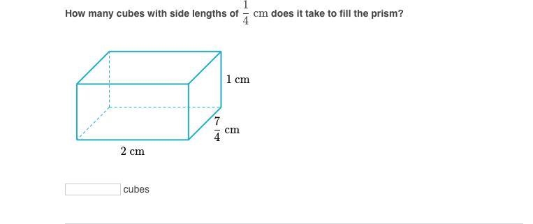 PLS HELP How many cubes with side lengths 1/4 of does it take to fill the prism-example-1