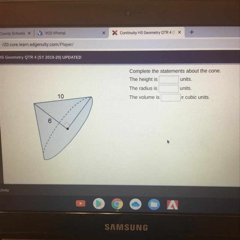 Complete the statements about the cone. The height is———units. The radius is———units-example-1