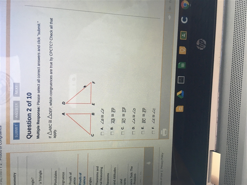 If abc def, which congruence are true by cpctc? Check all that apply-example-1