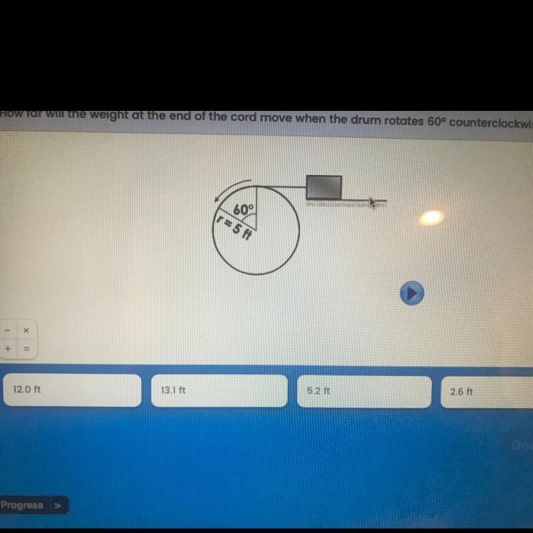 How far will the weight at the end of the cord move when the drum rotates 60° counterclockwise-example-1