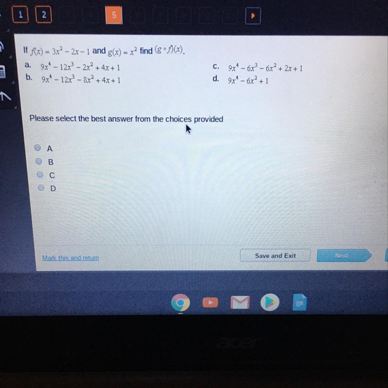 If f(x) = 3x^2 -2x-1 and g(x) = x^2 find (gof) (x)-example-1